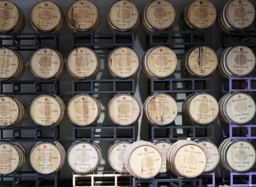 barrles lined up at seven three distillery