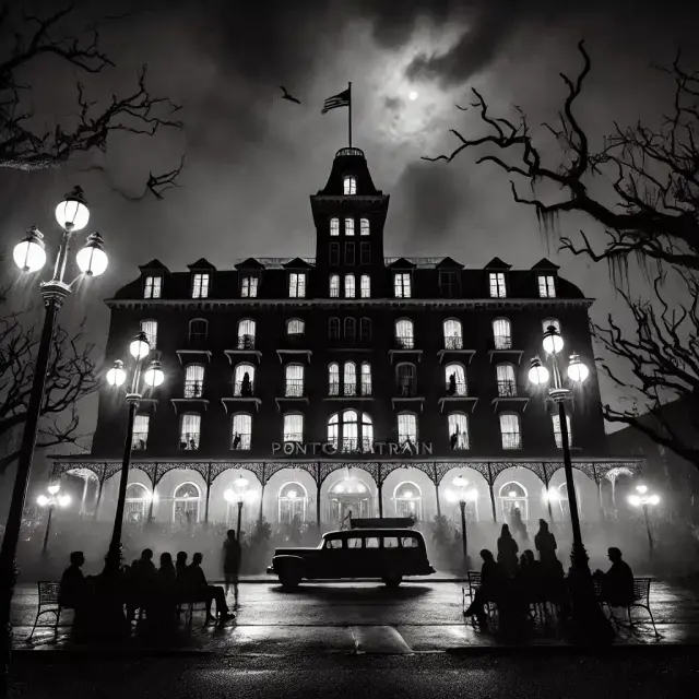 A spooky, black-and-white image of a Pontchartrain hotel with glowing windows, vintage streetlamps, and a lone car parked in front.