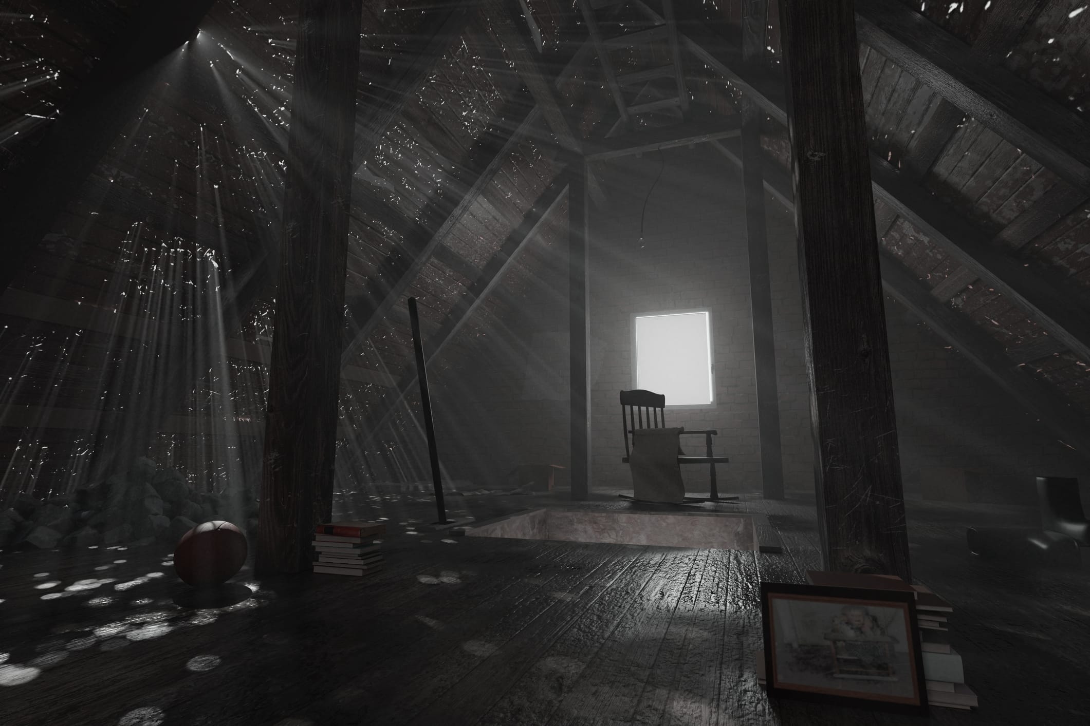 New Orleans haunted house attic with a lone rocking chair