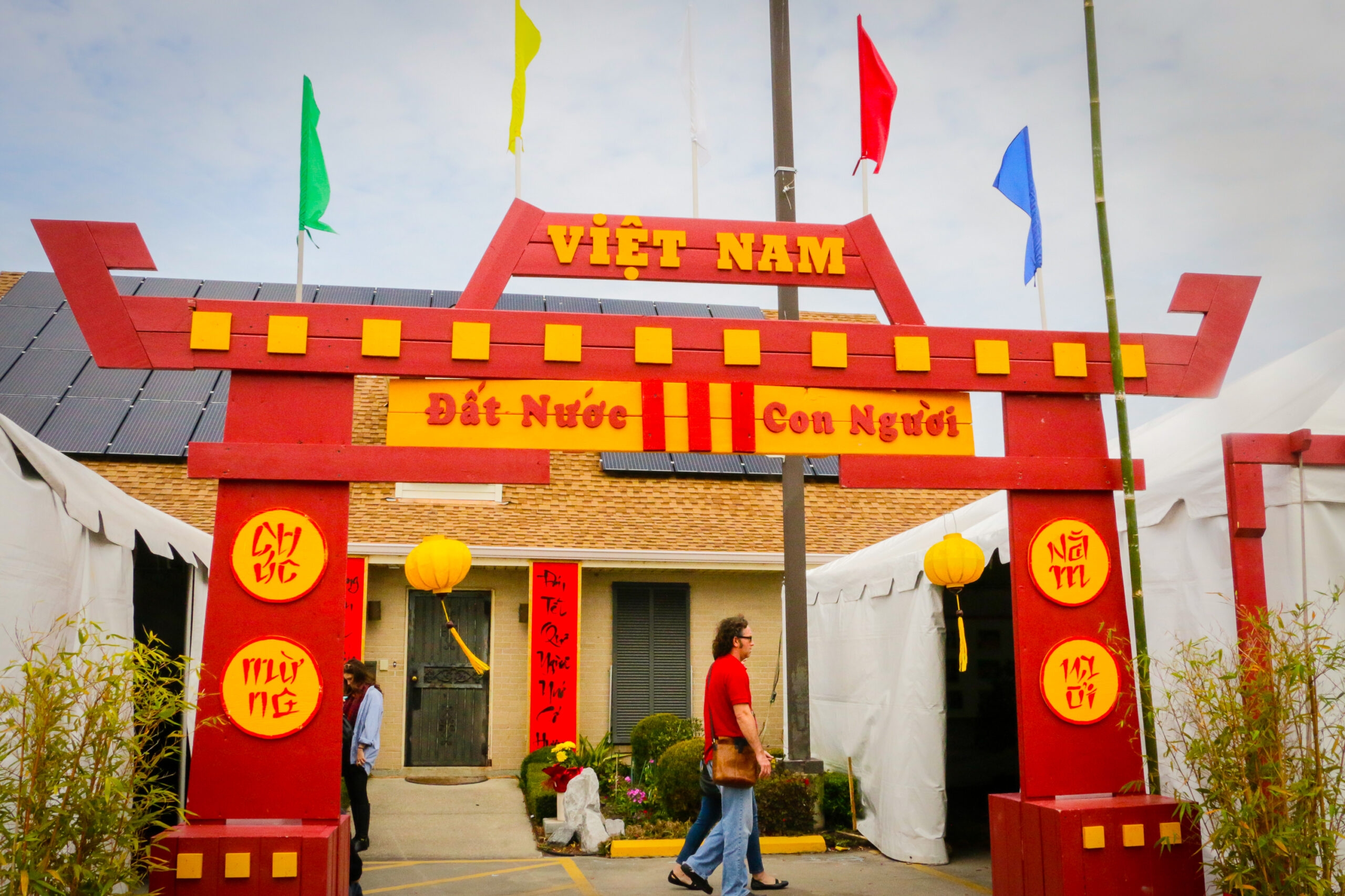 Red Tet Festival decor marking the entry to New Orleans Tet Festival