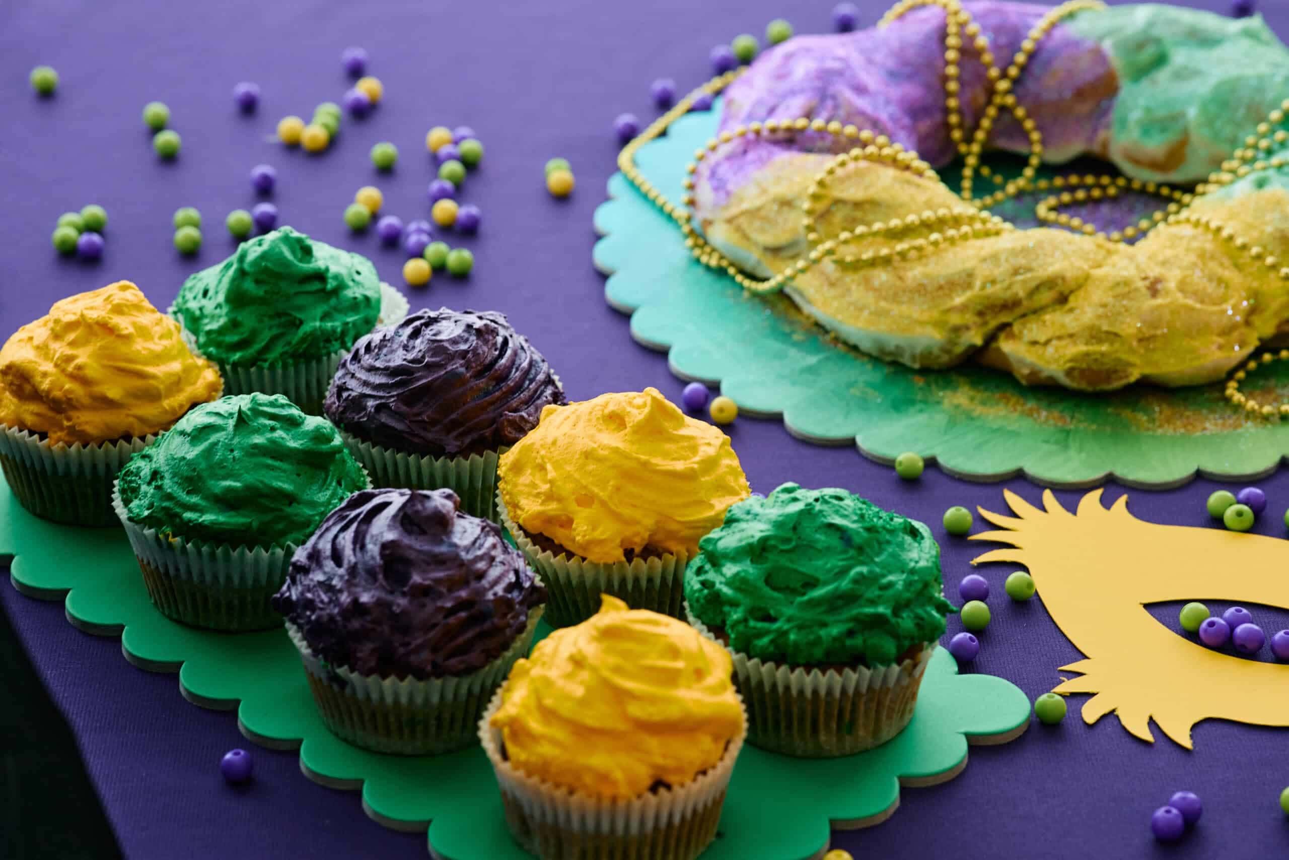 Mardi Gras colored Cupcakes and King Cake