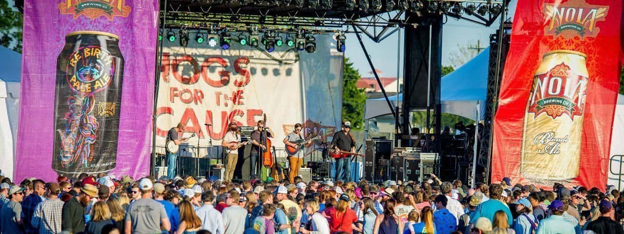 Crowd in front of a band on a stage performing at Hogs for a Cause