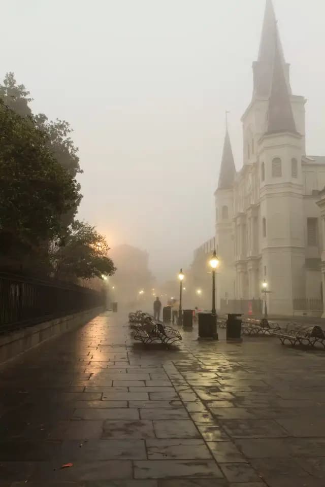 A foggy street view of a cathedral with benches and streetlights casting a soft glow in the mist.