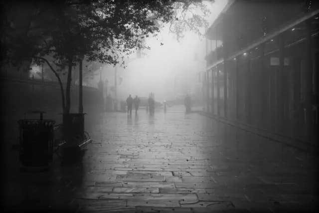 A foggy black-and-white street scene with silhouettes of people walking, surrounded by buildings and trees.