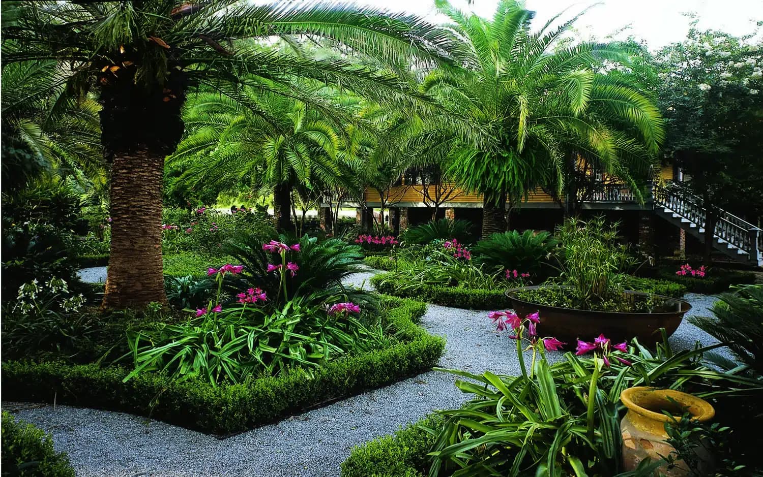 A lush garden with palm trees, manicured hedges, and vibrant pink flowers surrounding gravel pathways, set near a wooden house with a staircase.