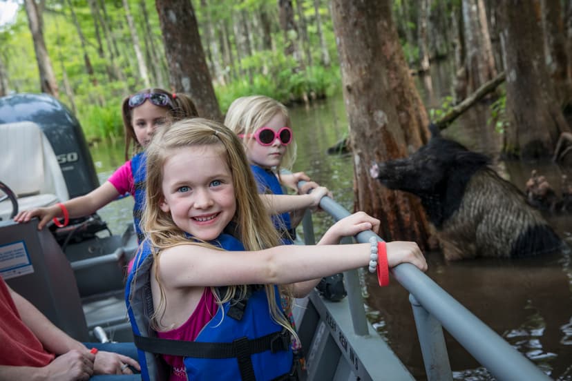 Young girl in a blue life jacket smiles on a swamp tour boat, with other children and a wild boar visible in the background.