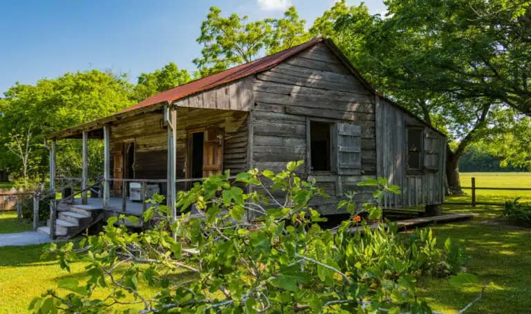 A historic wooden cabin with a rusted tin roof, small front porch, and shuttered windows, surrounded by green grass, trees, and flowering plants on a sunny day