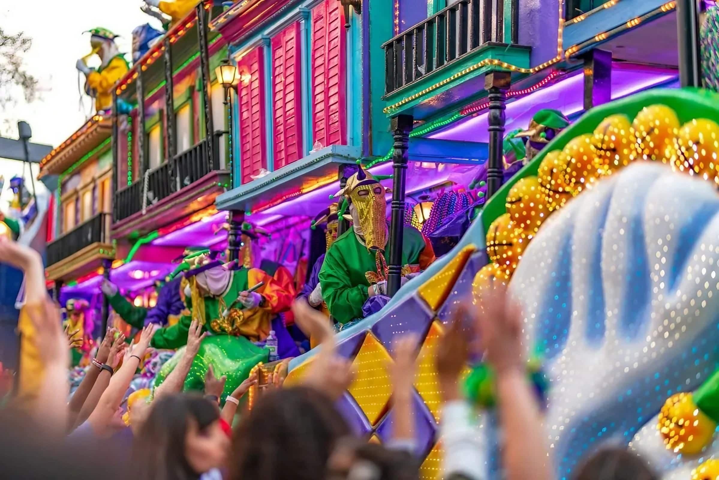 A member of the Krewe of Endymion on a colorful float during Mardi Gras in New Orleans